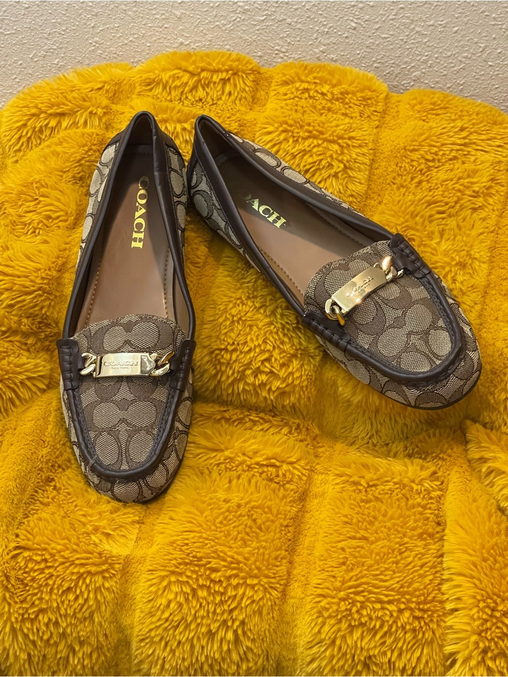 Coach Brown Signature Canvas Loafers with Gold Hardware Size 9